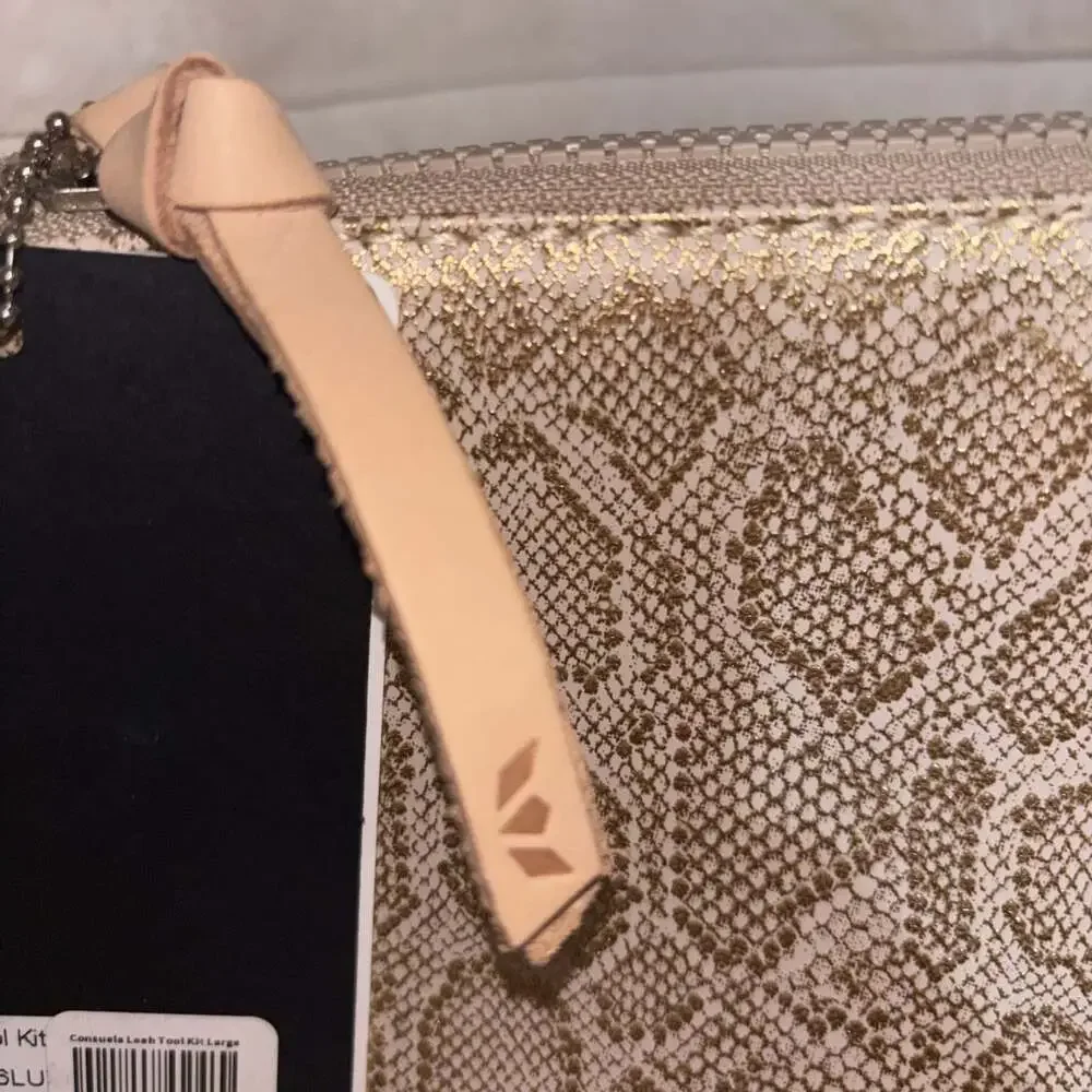 NWT Consuela Leah Large Tool Kit Cosmetic Bag Gold Metallic Snake Print